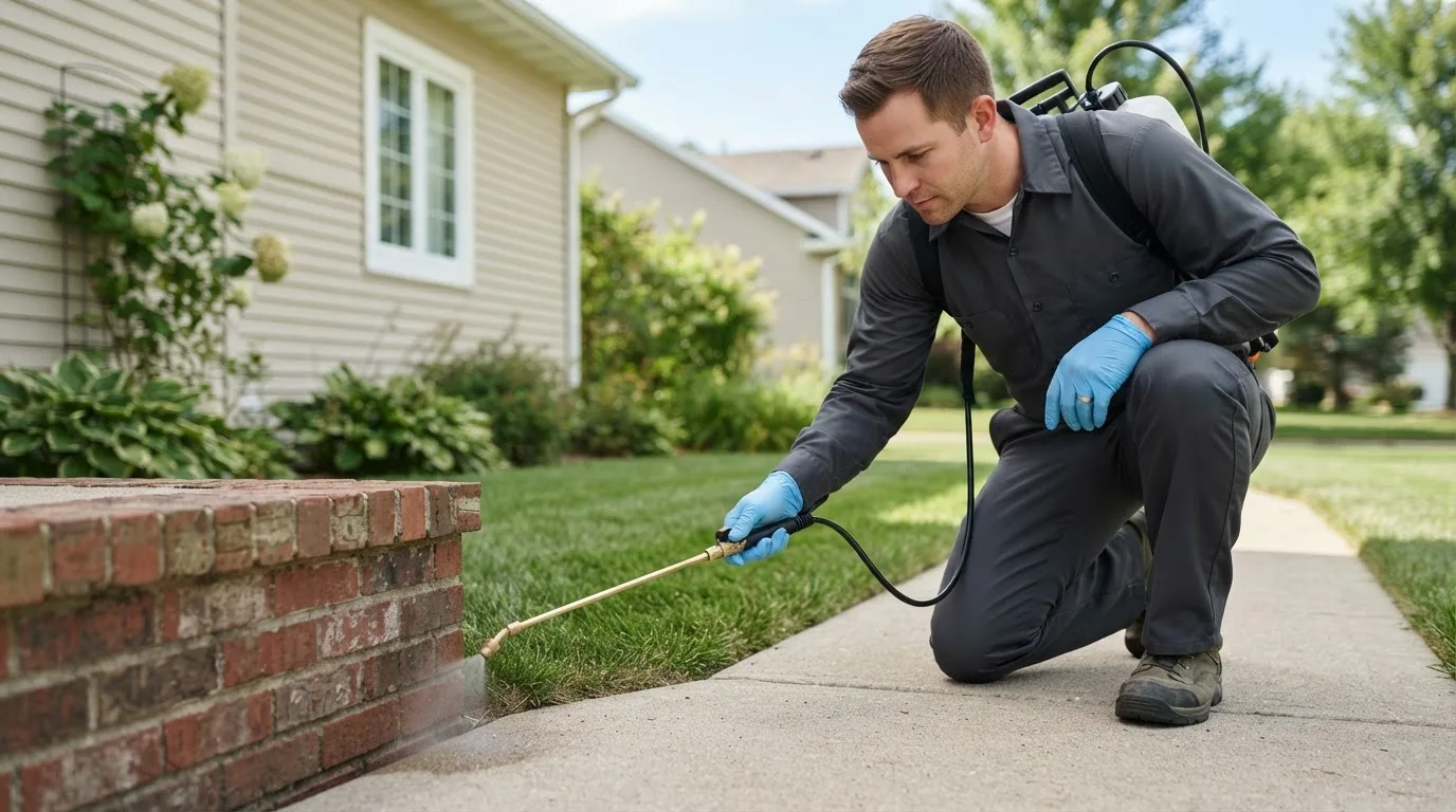 Pest control technician treating a home near Milton, NH